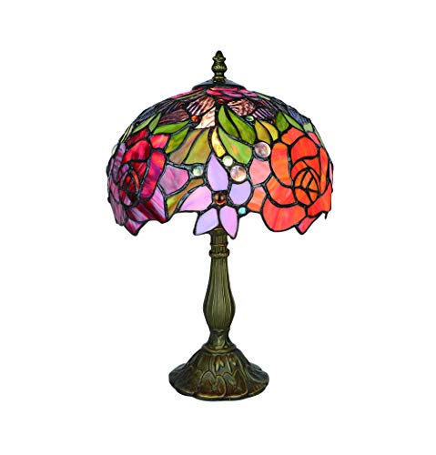 Tokira Tiffany-Stil Tischlampe, Glasmalerei 10 Zoll Rote Rose Blume Nachtlicht, Vintage Europen Schreibtischlampen Nacht Schlafzimmer für Wohnzimmer, [Ohne Glühbirnen] von Tokira