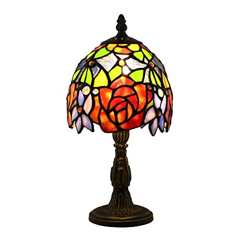 Tokira Tiffany-Stil Tischlampe 6 Zoll, E14 Vintage Glasmalerei Mini Nachtlicht, Rote Rose Blume Nacht Schlafzimmer Schreibtischlampen für Wohnzimmer(Ohne Glühbirnen) von Tokira