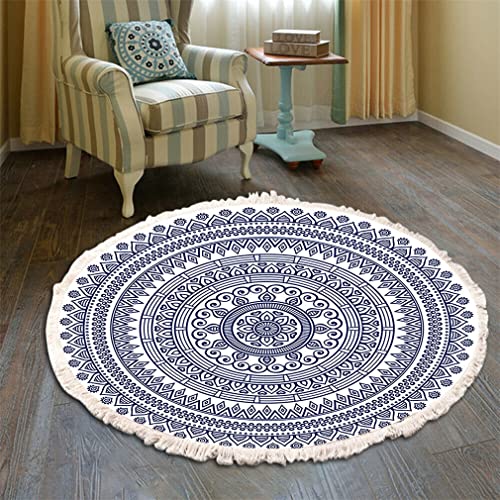 Teppich Rund Bohemian Blume Groß Teppich Mandala Muster Quasten Waschbarer Baumwolle Teppich Wohnzimmer Schlafzimmer (100cm,Blau) von Tomifine
