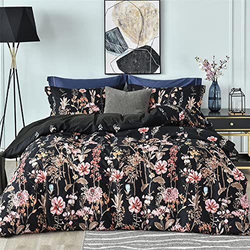 Tomifine Bettwäsche 135x200cm Blumen Muster Bettwäsche Sets 3 teilig Weiche Bettbezüge mit Reißverschluss und 2 Kissenbezüge (135 x 200 cm 80x80cm,Blume schwarz) von Tomifine