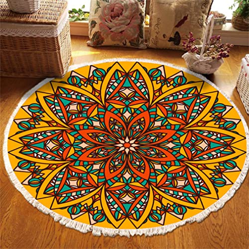 Tomifine Rund Teppich Mandala Böhmen, Handgewebte Teppiche Blumen Teppich Baumwolle Polyester mit Quasten Waschbar für Wohnzimmer Schlafzimmer Küche (150 cm,Gelb a) von Tomifine