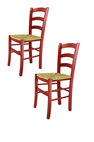 t m c s Tommychairs - 2er Set Stühle Venezia für Küche und Esszimmer, Robuste Struktur aus Buchenholz in Anilinfarbe Rot und Sitzfläche aus Stroh von t m c s