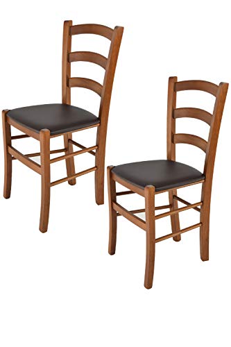 Tommychairs - 2er Set Stühle VENICE für Küche und Esszimmer, Struktur aus lackiertem Buchenholz im Farbton helles Nussbraun und gepolsterte Sitzfläche mit Kunstleder in der Farbe Mokka bezogen von t m c s