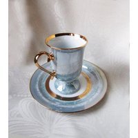 Vintage Handgefertigte Tasse, Blaue Teetasse Mit Untertasse, Keramiktasse, Handgemachte Tasse, Cappuccino Tasse, Kaffeetassen, Töpferbecher, Geschenk von TonistoreBG
