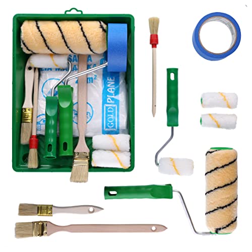 ToolSpace Malerset 2x Farbrollenset +3x Malerpinsel + Malerband + Farbwanne + Abdeckfolie farbroller/malerrolle/farbwalze, pinselrolle, Malerzubehör streichen zubehör für farben Painter set von ToolSpace