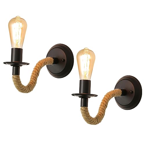 Toolight 2 Stück Wandleuchte Innen, E27 Hanfseil Wandlampe Innen Vintage, Wandleuchte Industrial Schwarz für Schlafzimmer Wohnzimmer Flur Bad Küche von Toolight