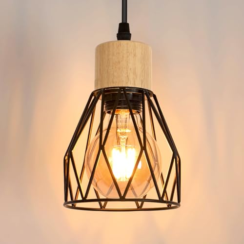 Toolight Pendelleuchte Vintage Industrial, Hängelampe mit Geometrischem Design E27, Lampe aus Holz Eisen Käfig Hängelampe Schwarz für Esstisch Küche Wohnzimmer (1-Flammig) von Toolight