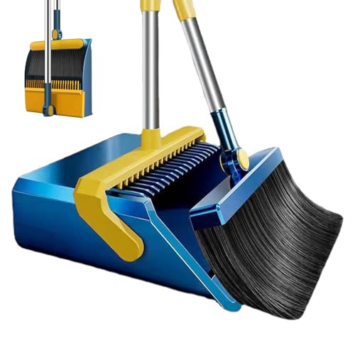 Besen und Kehrschaufel Set, Kehrgarnitur mit Langem Stiel, Broom and Windproof Dustpan with Adjustable Handle, für Haus, Büro, Lobbykehr (Blau) von Topbashgo