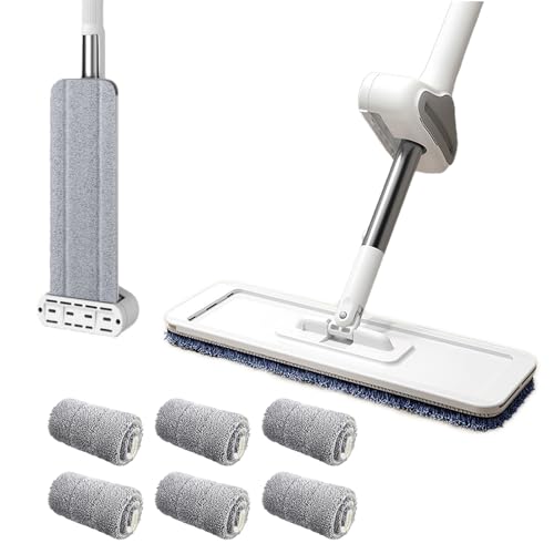 Großer Flachmop, 2024 Newest Lazy Person's Self-Washing Flat Mop Großer Flachmopp, Flachmopp mit Auswringfunktion Bodenwischer Set (Weiß 6 Pads) von Topbashgo