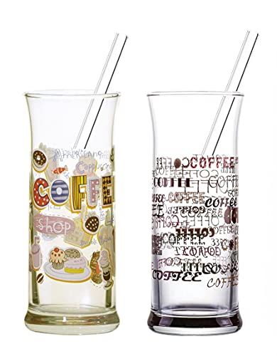 Topkapi 251.005-13-TLG Eiskaffee-Set “San Marino“: Gläser und Glashalme mit Dekor für Milchkaffee, Milchshake, Frappe, Cocktails, Longdrinks, Kakao von Topkapi