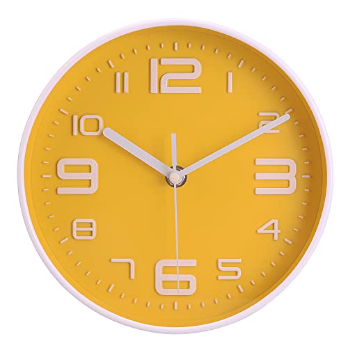 Topkey 8 Inch Silent Wall Clock Easy Readable Big Numbers Non Ticking Round Stylish Modern Clock Decorative for Kitchen Home Dining Room and Office-Yellow von Topkey