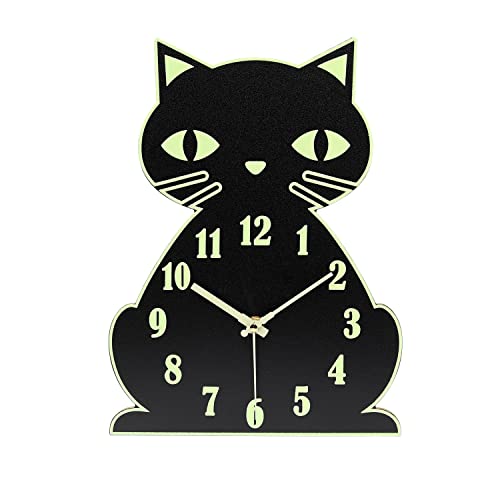 Topkey Leuchtende Nicht tickende leise Wanduhr Tierdesign Uhr für Kind, batteriebetrieben (Nicht im Lieferumfang enthalten) – Schwarze süße Katze von Topkey