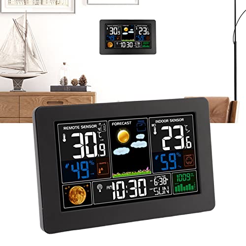 Topyond Wetterstation Innen-Außenthermometer, Kabelloser Temperatur-Feuchtigkeits-Druckmonitor, Wetteruhr Mit HD-Farbdisplay Und Außensensor(EU100-240V) von Topyond