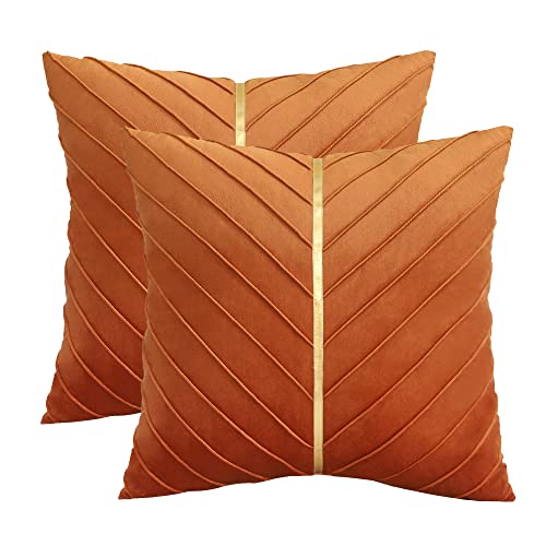 Tosleo Orangenfarben Samt Kissenbezüge 45x45 cm 2 Stück, Dekorative Couch Luxus Moderne Kissenbezüge für Wohnzimmer Schlafzimmer Sofa Kissen Bett mit Gold Leder von Tosleo