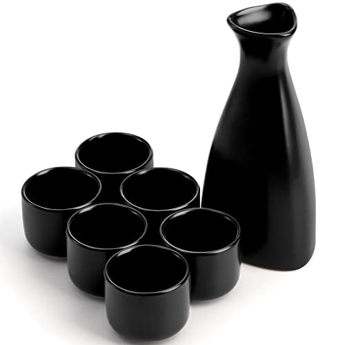 Tosnail 7-teiliges Japanisches Sake Set Keramik, 1 Servierkaraffe und 6 Tassen, Schwarz von Tosnail