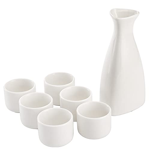 Tosnail 7-teiliges japanisches Sake-Set aus Keramik, 1 Servierkaraffe und 6 Tassen, Weiß von Tosnail