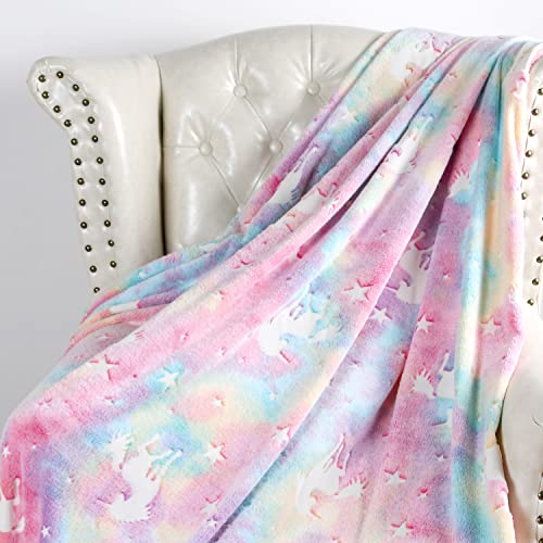 Tospass Flannel Kuscheldecke Kinder Mädchen Einhorn Decke Leuchtet im Dunkeln Flauschig Leuchtend Decke Weiche Wohndecke Sherpa Kinderdecke Kuschelige Plüschdecke Junge Flanelldecke 152x127 cm Farbe von Tospass