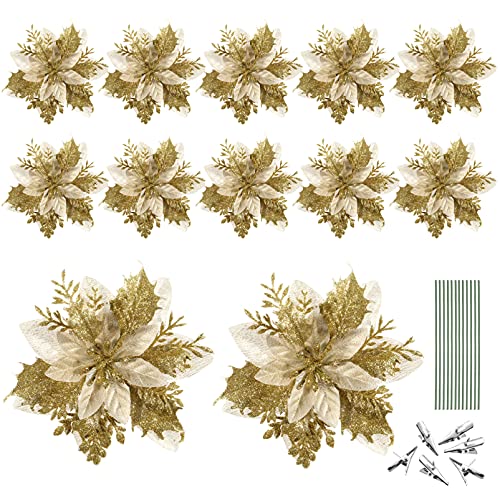 Weihnachten Glitter Künstliche Weihnachtsstern Blumen- Muster 12Pcs Weihnachten Baum Blumen- Muster Ornamente Xmas Party Dekoration mit 12Pcs Vorbauten Und Clips (Gold) von Toyvian