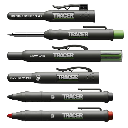 Tracer Markierungsset – Tiefloch-Schreinerbleistift, Ersatzminen x 6 und 2 verstopfungsfreie Marker mit Holster von Tracer