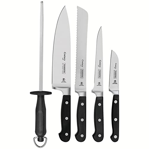 Tramontina CENTURY Messer, bestückte Messertasche mit vier Messern, Wetzstahl - Rostfreier Edelstahl, Klingen aus einem Stück geschmiedet, Sub-Zero Schwarz von Tramontina