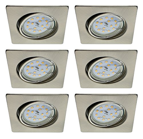 Trango 6er Set LED Einbaustrahler Eckig Nickel matt 6729-062SGUSDAK inkl. 6x 5 Watt 3 Stufen dimmbar GU10 LED Leuchtmittel 3000K warmweiß, Einbauleuchten, Deckenspots, Einbauspots, Deckenleuchte von Trango