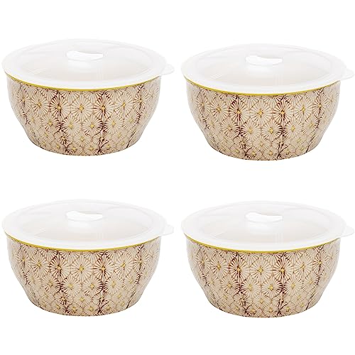 Tranquillo 4er Set Schüssel Art Deco handgestempelt aus Steinzeug, Silikondeckel, stilvolle und praktische Aufbewahrung für Lebensmittel braun, 15 cm von Tranquillo