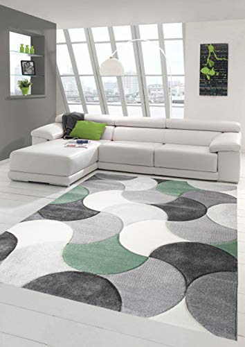 Designer und Moderner Teppich Kurzflor mit Tropfen Muster in Grün Grau Beige Größe 80x150 cm von Teppich-Traum