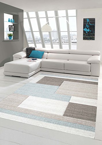 Traum Teppich Designerteppich Moderner Teppich Wohnzimmerteppich Kurzflor Teppich mit Konturenschnitt Karo Muster Pastellfarben Grau Beige Blau, Größe 80x150 cm von Teppich-Traum