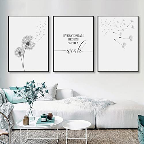 Trayosin 3er Poster Set Wohnzimmer - Aesthetic Blume Schwarz Weiß Bilder Deko Schlafzimmer - Pusteblume Leinwand Stilvolle Wandbilder - ohne Bilderrahmen (21x30cm) von Trayosin