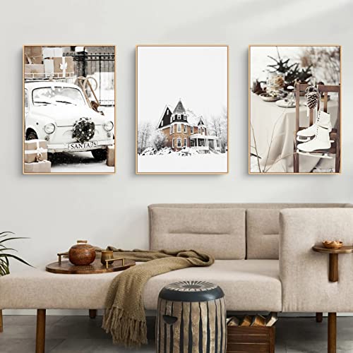 Trayosin Premium 3er Poster Set, Winter Schneelandschaft Bilder Set, ohne Rahmen, Moderne Schloss Automobil Bilder Wanddeko, Wandbilder für Wohnzimmer Schlafzimmer (21x30cm) von Trayosin