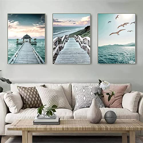 Trayosin Premium Poster Set Strand und Meer, 3er Bilder Set, Wasser Möwen Delphin, Wanddeko für Schlafzimmer und Wohnzimmer, Poster Vintage, ohne Bilderrahmen (A,30x40cm) von Trayosin