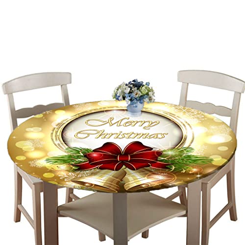 Treer Weihnachtstischdecke Runde Tischdecke Abwaschbar, 100% Polyester Outdoor Tischdecken Antifouling Wasserdicht Lotuseffekt Tischdecke Weihnachten Home Küche Party (Goldene Glocke,130cm) von Treer-shop