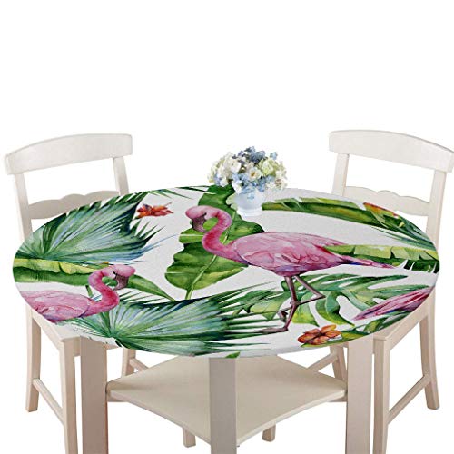Wasserdicht Antifouling Tischdecke Runde, Treer Polyester Abwaschbar Pflegeleicht Tischtuch mit Elastische Kante 3D Pflanze Drucken Tischdecken für Küche Esszimmer Party Garten (Flamingo,100cm) von Treer-shop