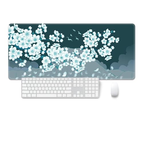 Treer Japan Sakura drucken Gaming Mauspad, Mousepad mit Vernähte Kanten, Mauspad L/XL/XXL, rutschfeste Gummibasis Mousepad Gaming, Mauspad Groß (900 * 400mm,Sakura B) von Treer