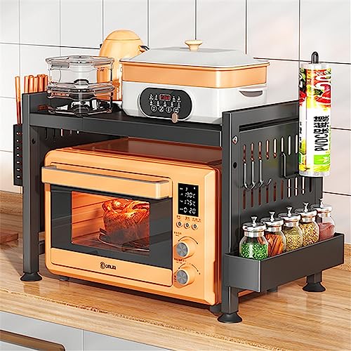 Treesunshine 2 stufiges Mikrowellen ständer, Erweiterbares Mikrowellen, Mini Backofen Halterung mit 6 Haken, Mikrowellenständer mit Gewürzregal, für arbeitsplatte Bäckerregale Ausziehbar 40.5-64cm von Treesunshine