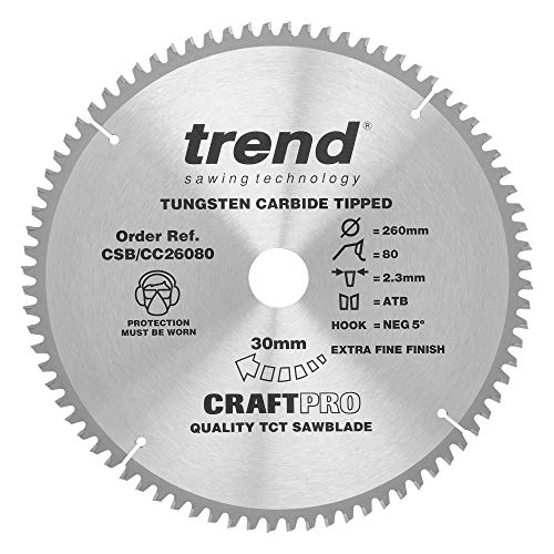 Trend CraftPro Negative Hook Crosscutting TCT Kreissägeblatt, 260mm Durchmesser x 80 Zähne x 30mm Bohrung, Hartmetallbestückt, CSB/CC26080 von TREND