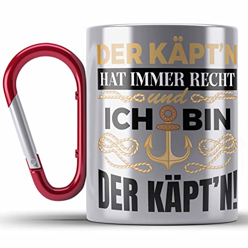 Trendation - Kapitän Edelstahl Tasse Karabiner Geschenk Käptn Lustiger Spruch Bootsfahrer Sportboot Herren Segler Segeln Motoboot (Rot) von Trendation