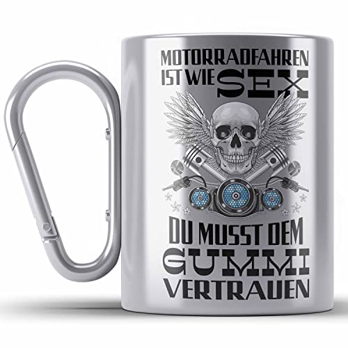 Trendation - Motorradfahrer Geschenk für Männer Motorrad Edelstahl Tasse Karabiner mit Spruch Karabiner Edelstahl Tasse Karabiner Edelstahl für Biker Herren Papa (Silber) von Trendation