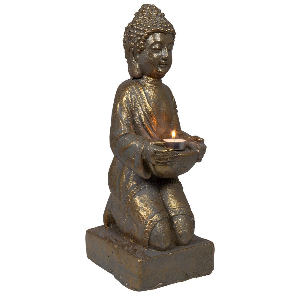Trendyshop365 Buddhafigur 35cm Feng-Shui Dekofigur Garten Buddha Statue (1 St), wetterfest in Bronzeoptik mit Teelichthalter von Trendyshop365