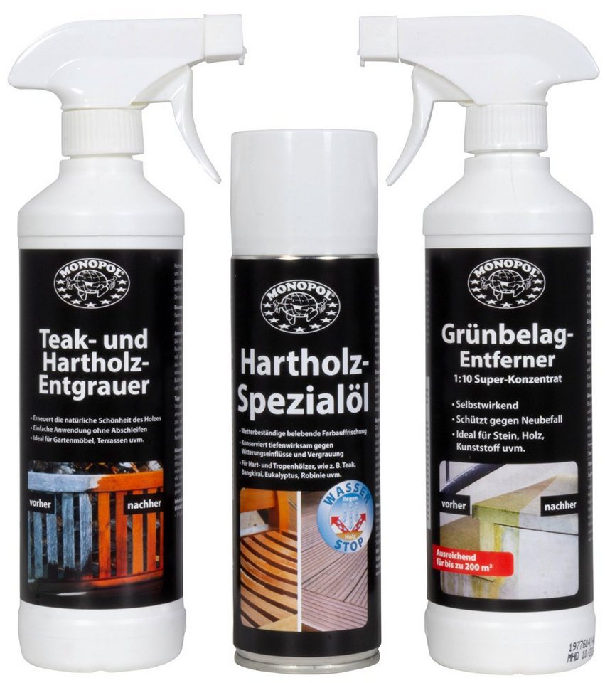 Trendyshop365 Gartenpflege-Set Garten-Reinigungsset 3-tlg., Grünbelag Entferner, Teak- und Hartholz Entgrauer, Hartholz Spezialöl von Trendyshop365
