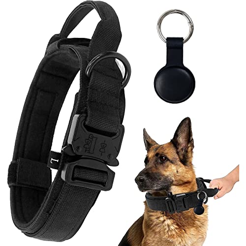 Verstellbare Airtag Hundehalsbandhalter Robuste Kontrollgriff, Taktisches Hundehalsband mit Airtag Metallschnalle für Mittlere Große Hunde,Hundehalsband breit 3.8CM, Nylon (M, Schwarz) von Trhillsbrad