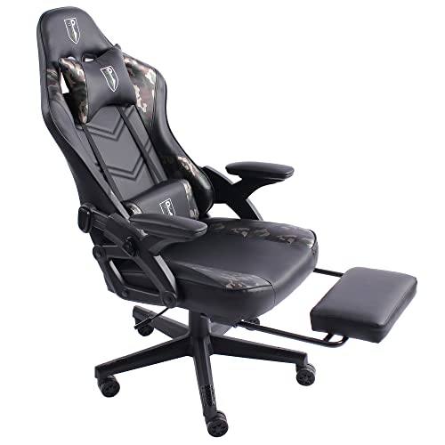 Gaming Stuhl im modernen Racing-Design mit ausziehbarer Fußstütze Gaming Chair mit verstellbaren Design Armlehnen ergonomischer Schreibtischstuhl mit extra Stützkissen, Farbe:Schwarz/Military -Grün von Trisens