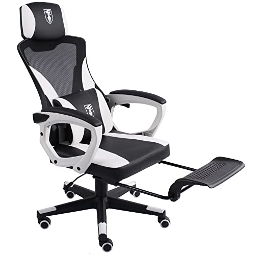 Trisens Gaming Stuhl im modernen Racing-Design mit einklappbarer Fußstütze - Chair mit flexiblen Armlehnen - ergonomischer Schreibtischstuhl mit extra Stützkissen, Farbe:Schwarz/Weiß von Trisens