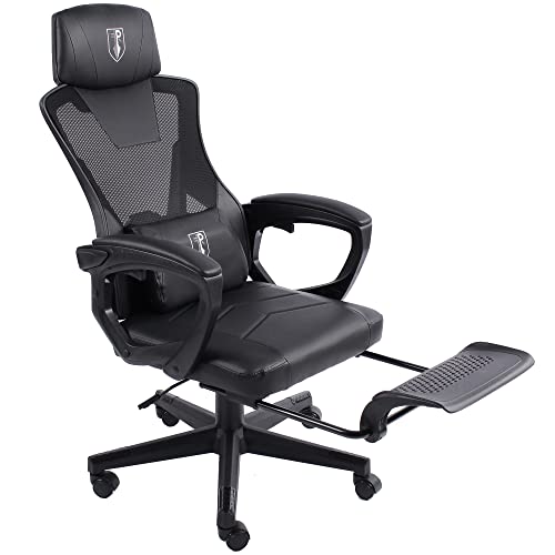 TRISENS Gaming Stuhl im modernen Racing-Design mit einklappbarer Fußstütze - Gaming Chair mit flexiblen Armlehnen - ergonomischer Gaming Schreibtischstuhl mit extra Stützkissen, Farbe:Schwarz von TRISENS