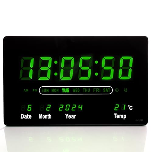 TruWare Just Camp Wanduhr Digital Groß LED Uhr mit Kalender Temperaturanzeige Studiouhr für Gewerbe Cafes Kiosk Hallen Digitaluhr L (Grün) von TruWare Just Camp