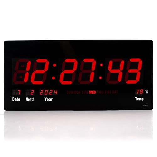 TruWare Just Camp Wanduhr Digital Groß LED Uhr mit Kalender Temperaturanzeige Studiouhr für Gewerbe Cafes Kiosk Hallen Digitaluhr XXL (Rot) von TruWare Just Camp