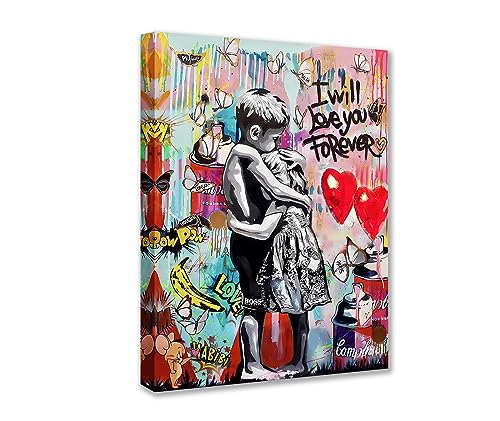 Banksy Graffiti-Bilder für Wohnzimmer, kleiner Junge und Mädchen, Straßengemälde, 1 Stück, bunte Pop-Wandkunst, moderne Kunstwerke, Heimdekoration, Giclée-Gerahmt, gespannt, fertig zum Aufhängen von Tucocoo