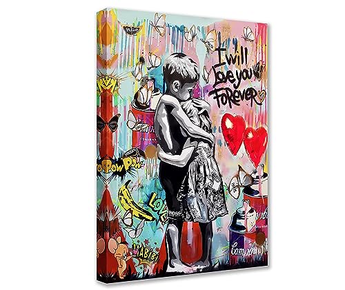 Raumdekoration Graffiti-Gemälde Banksy Little Boy and Girl Bilder 1 Panel Leinwand Street Pop Wandkunst Moderne Kunstwerk Wohnkultur für Wohnzimmer Gerahmte Galerieverpackung fertig zum Aufhängen von Tucocoo