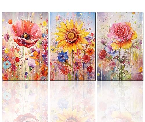 Tucocoo 3-teiliges Leinwandbild, bunte Blumen, Bilder, Mohnblume, Sonnenblume, Rose, Gemälde, modernes Kunstwerk, schöne Blüte, Heimdekoration für Wohnzimmer, Holzrahmen, fertig zum Aufhängen von Tucocoo