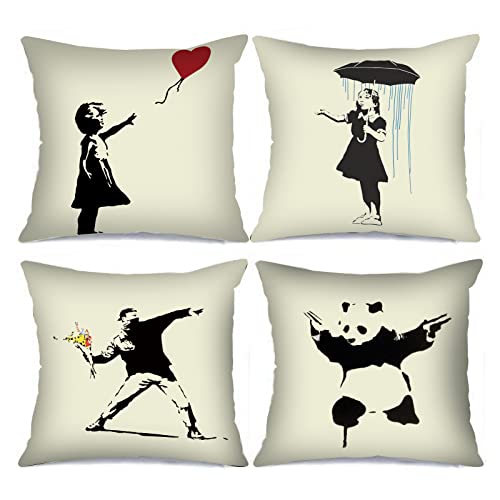 Tucocoo Banksy Art Cushion Covers Decorative 18 x 18 Inch Set of 4 Black and White Graffiti Street Pop Cushion Cover Outdoor Decorations Throw Pillows for Couch Sofa Bed Car Home Decor von Tucocoo